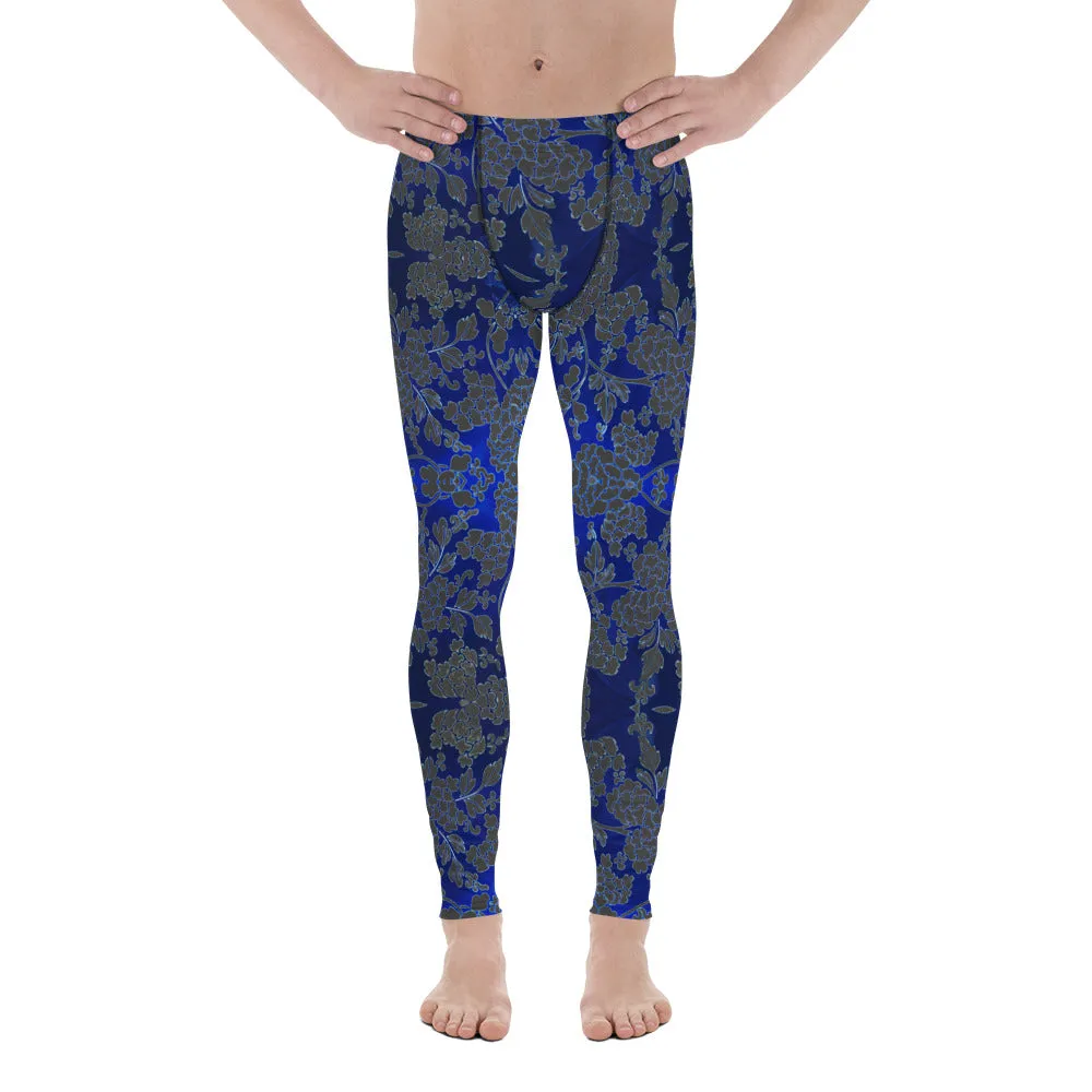 Grey Blue Floral Men's Leggings, Best Blue and Grey Oriental Style Floral Print Meggings Compression Tights - Made in USA/EU/MX