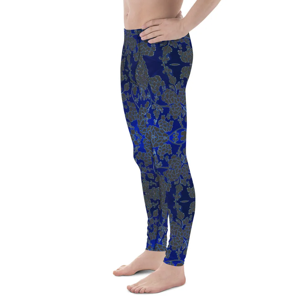 Grey Blue Floral Men's Leggings, Best Blue and Grey Oriental Style Floral Print Meggings Compression Tights - Made in USA/EU/MX