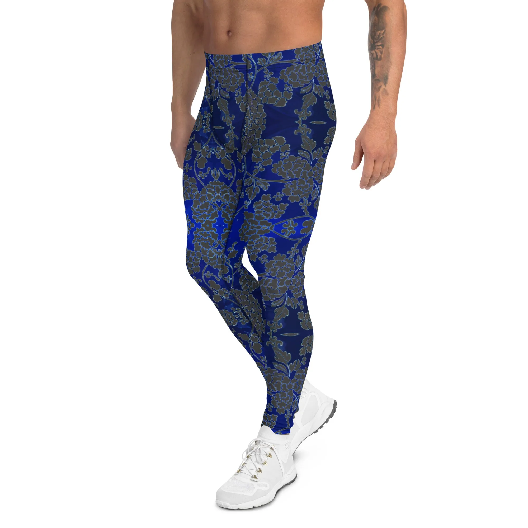 Grey Blue Floral Men's Leggings, Best Blue and Grey Oriental Style Floral Print Meggings Compression Tights - Made in USA/EU/MX