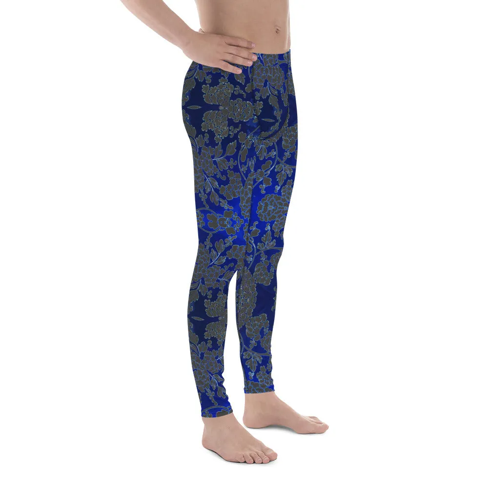 Grey Blue Floral Men's Leggings, Best Blue and Grey Oriental Style Floral Print Meggings Compression Tights - Made in USA/EU/MX