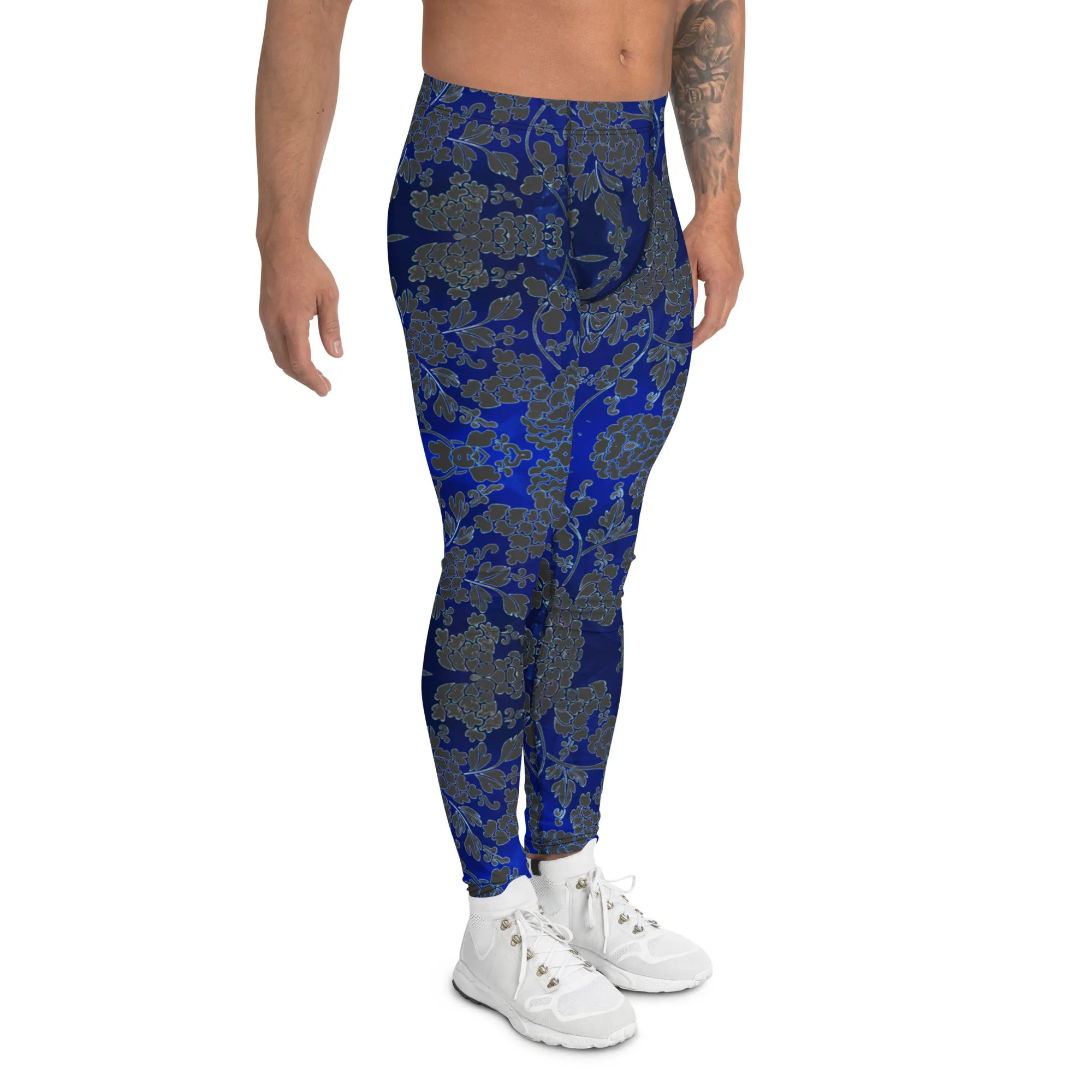 Grey Blue Floral Men's Leggings, Best Blue and Grey Oriental Style Floral Print Meggings Compression Tights - Made in USA/EU/MX