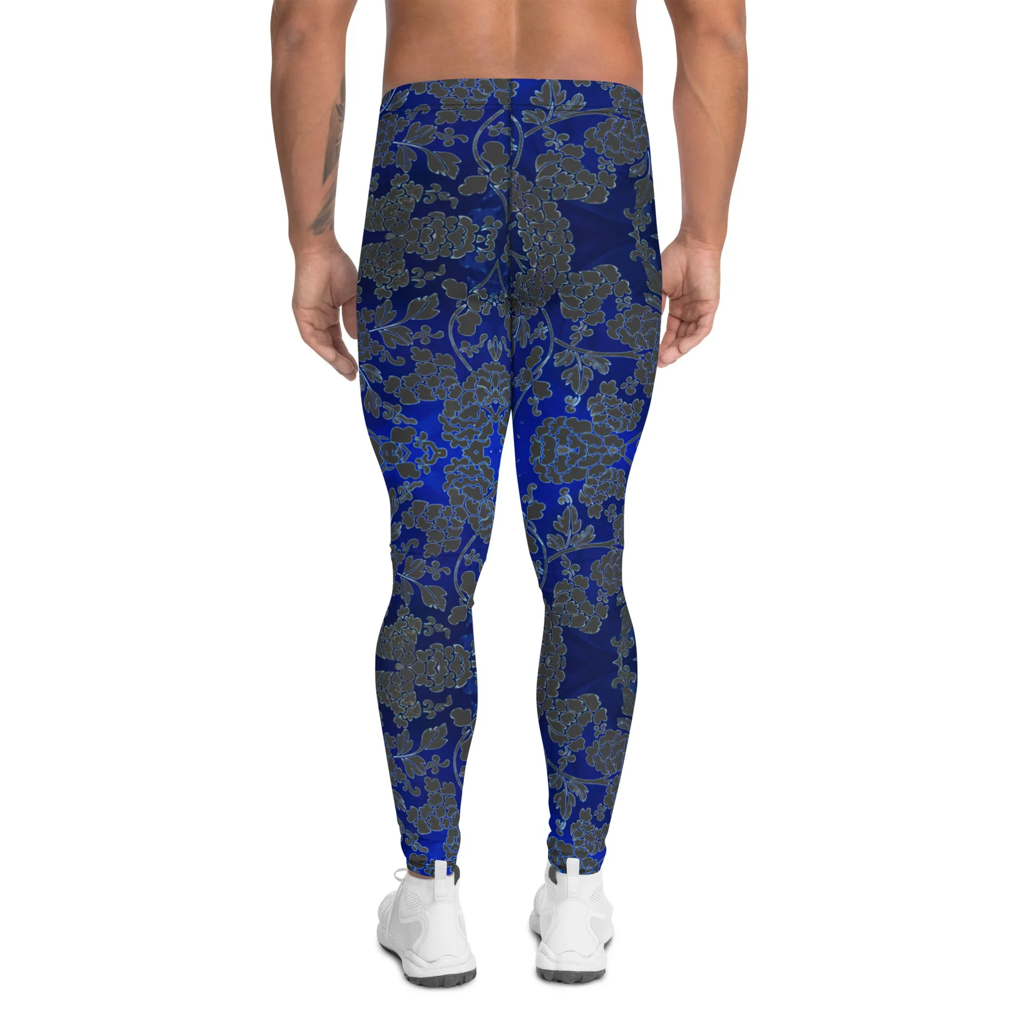 Grey Blue Floral Men's Leggings, Best Blue and Grey Oriental Style Floral Print Meggings Compression Tights - Made in USA/EU/MX