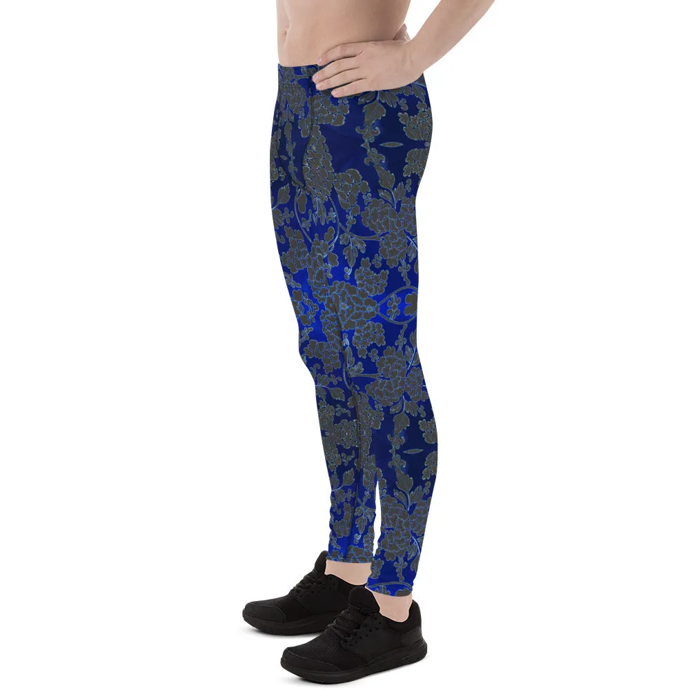 Grey Blue Floral Men's Leggings, Best Blue and Grey Oriental Style Floral Print Meggings Compression Tights - Made in USA/EU/MX