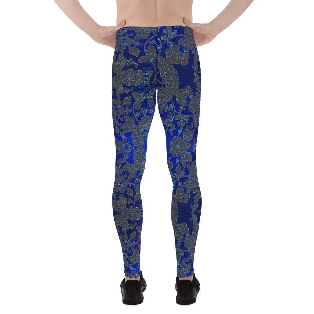 Grey Blue Floral Men's Leggings, Best Blue and Grey Oriental Style Floral Print Meggings Compression Tights - Made in USA/EU/MX