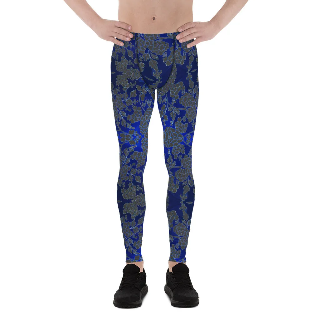 Grey Blue Floral Men's Leggings, Best Blue and Grey Oriental Style Floral Print Meggings Compression Tights - Made in USA/EU/MX