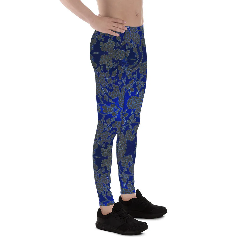 Grey Blue Floral Men's Leggings, Best Blue and Grey Oriental Style Floral Print Meggings Compression Tights - Made in USA/EU/MX