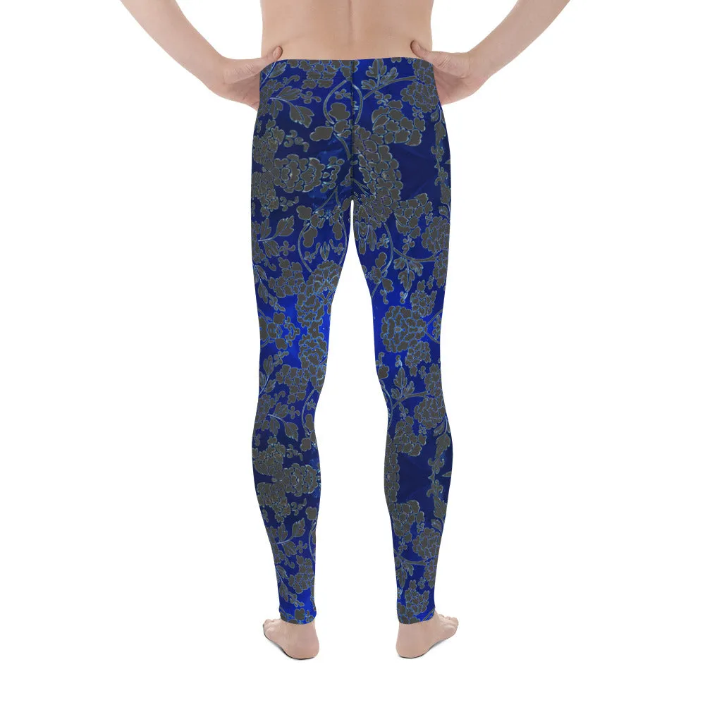 Grey Blue Floral Men's Leggings, Best Blue and Grey Oriental Style Floral Print Meggings Compression Tights - Made in USA/EU/MX