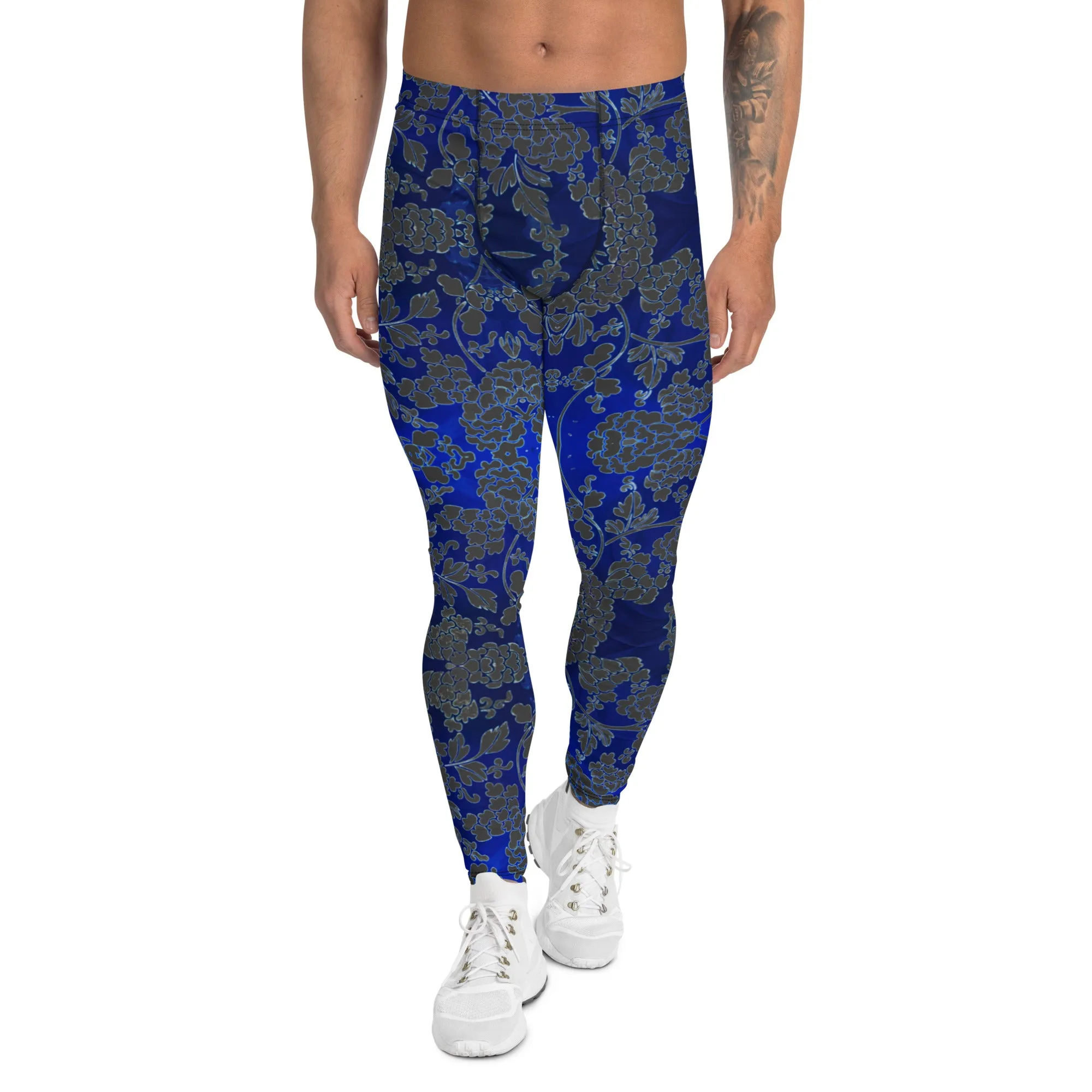 Grey Blue Floral Men's Leggings, Best Blue and Grey Oriental Style Floral Print Meggings Compression Tights - Made in USA/EU/MX