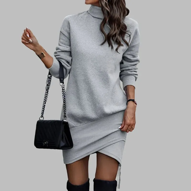 High Neck Mini Sweater Dress Winter Casual Long Sleeve