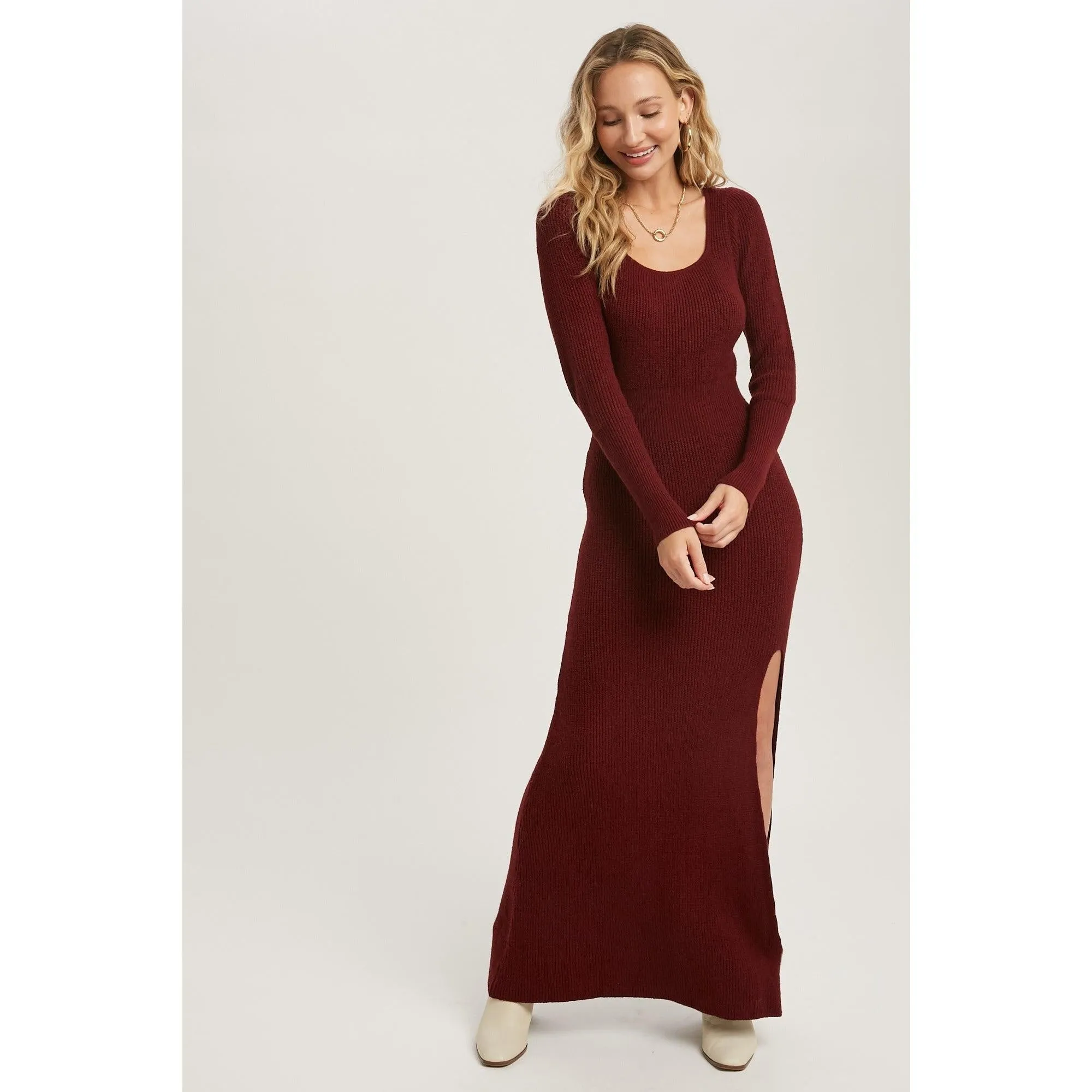 High Slit Burgundy Knit Sweater Dress