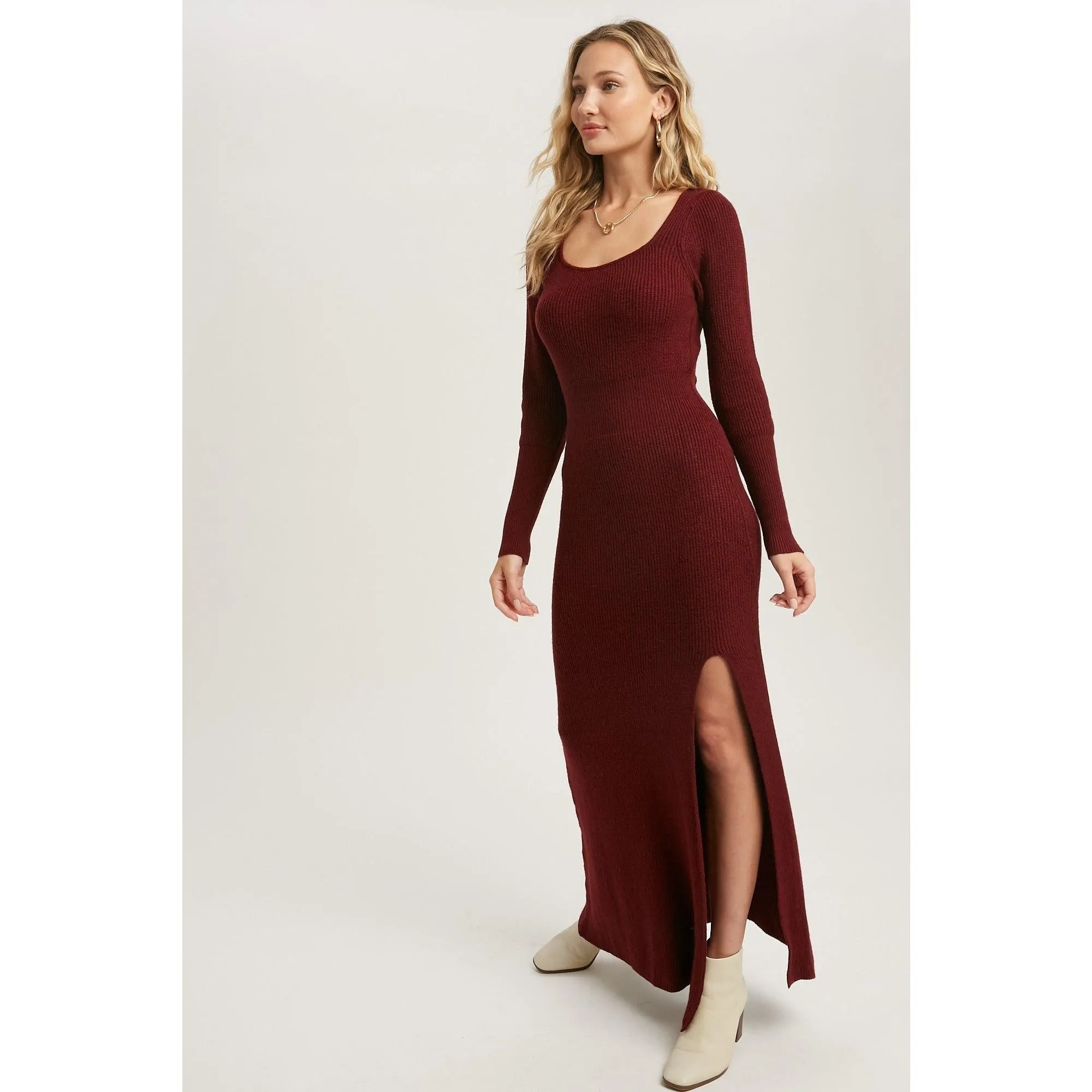 High Slit Burgundy Knit Sweater Dress