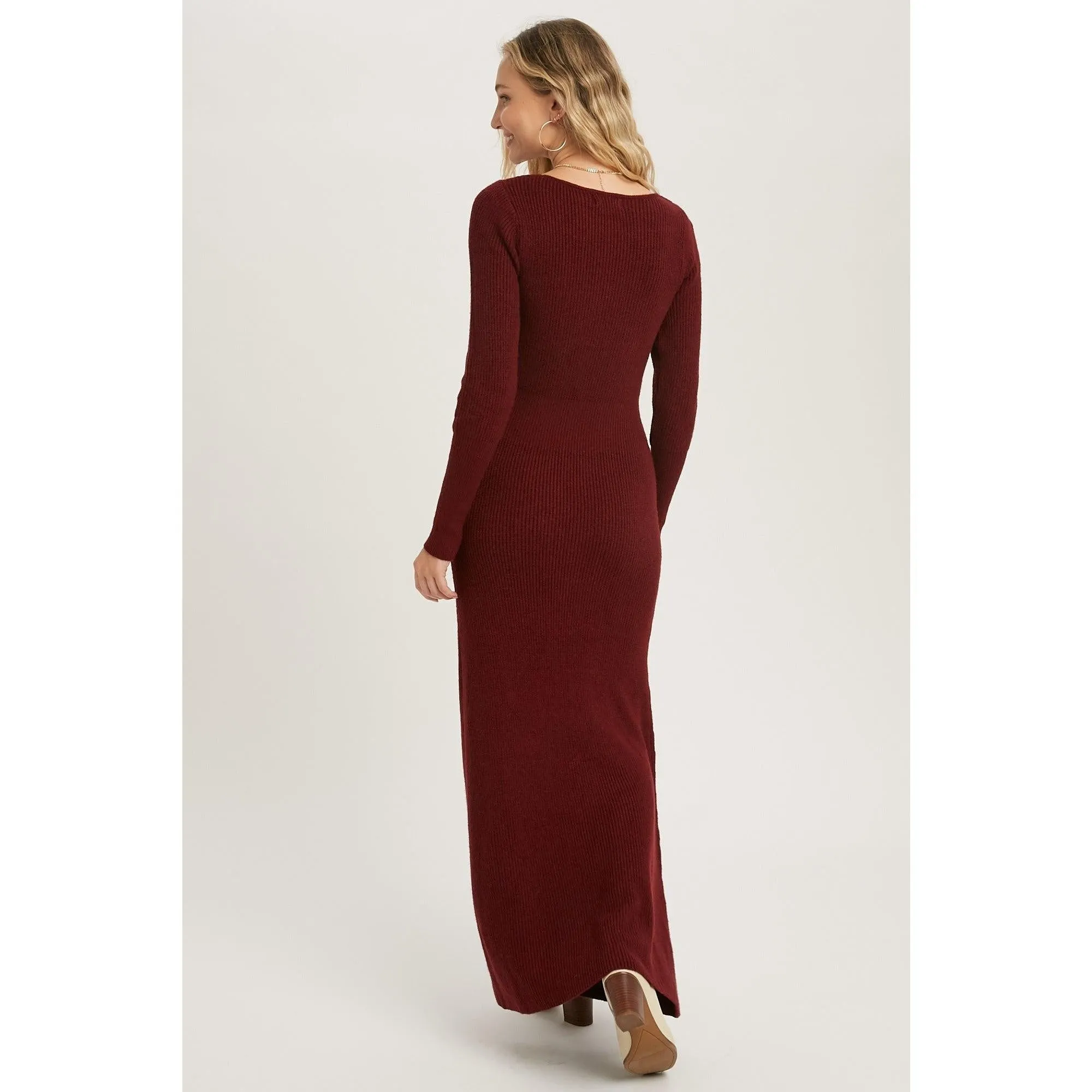 High Slit Burgundy Knit Sweater Dress