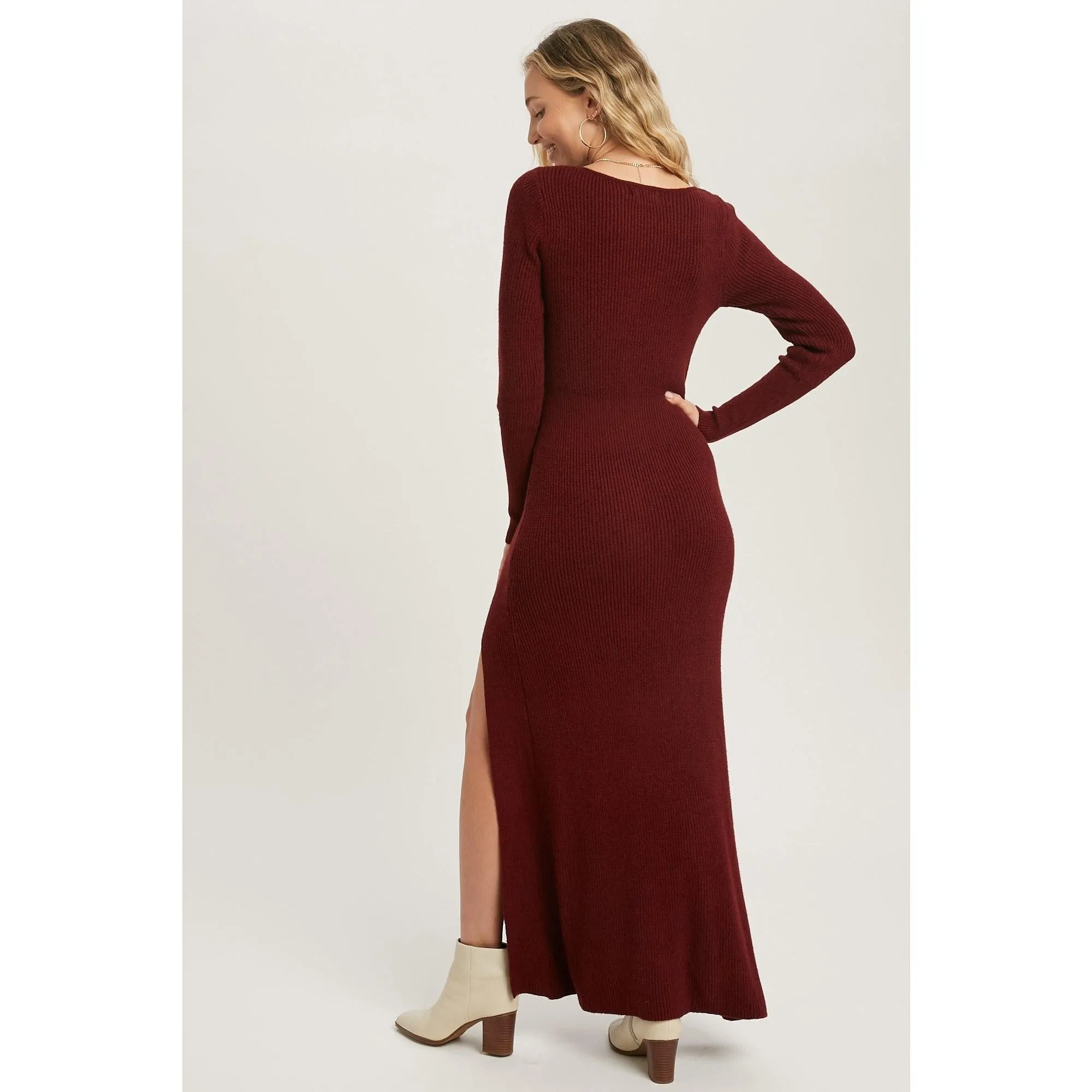 High Slit Burgundy Knit Sweater Dress