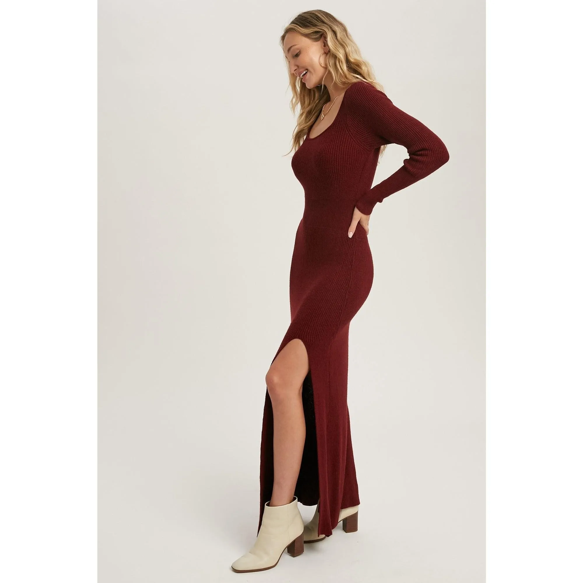 High Slit Burgundy Knit Sweater Dress