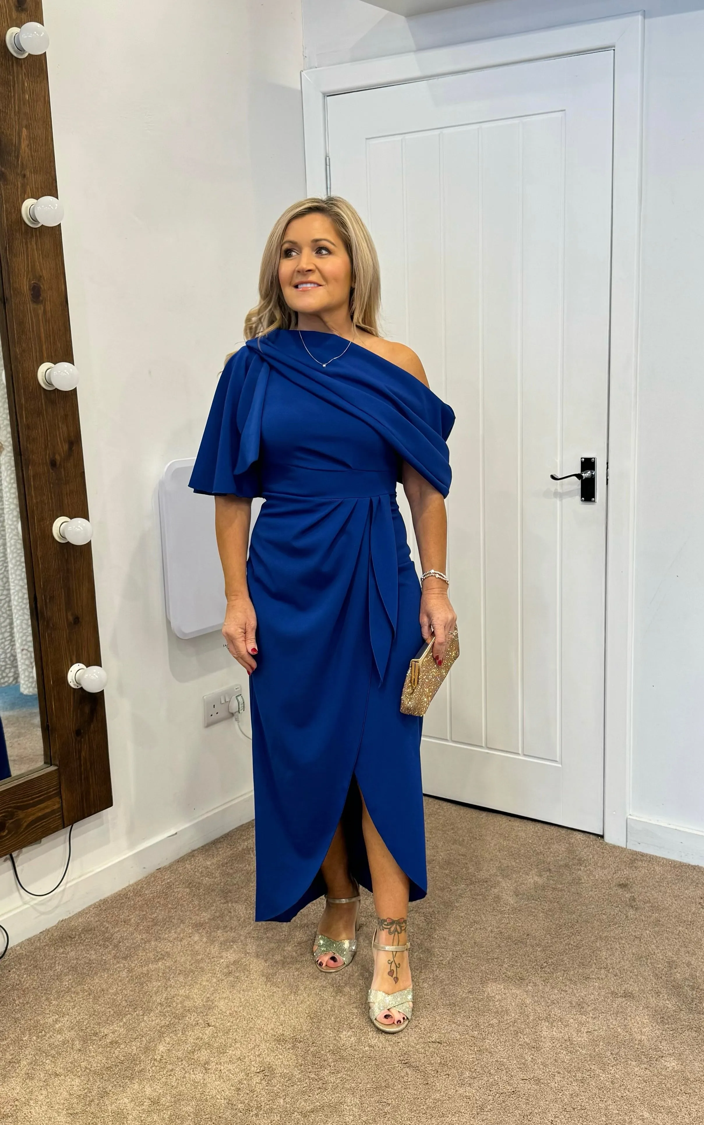 Holly on off shoulder dip hemline midi dress royal