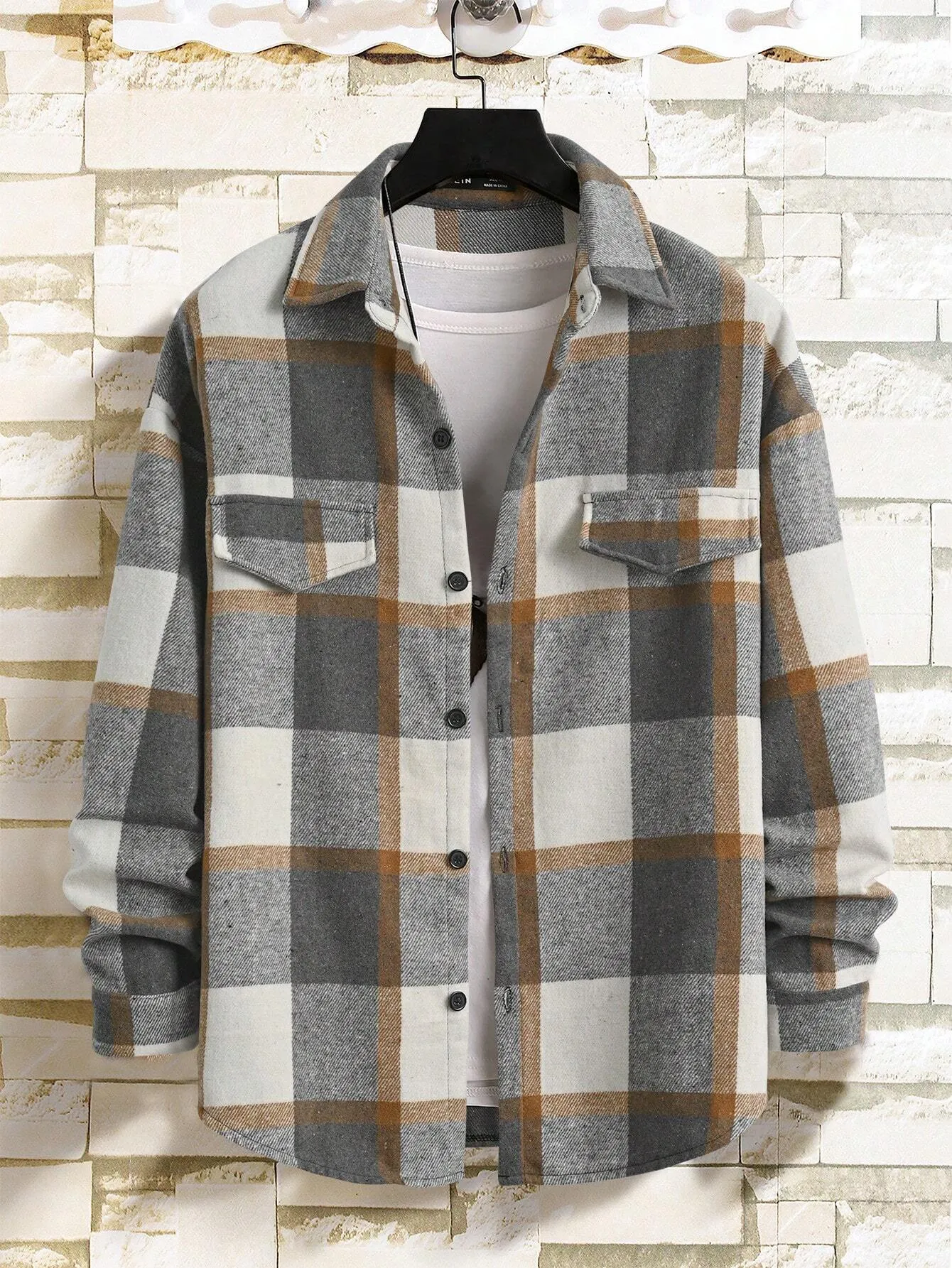 Homme Men Plaid Flap Detail Drop Shoulder Overcoat Without Tee