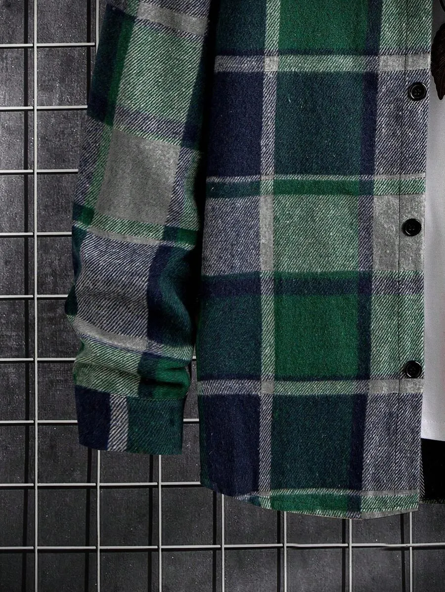 Homme Men Plaid Flap Detail Drop Shoulder Overcoat Without Tee