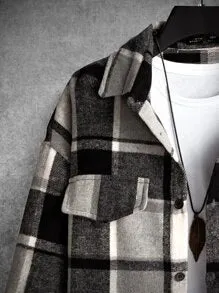 Homme Men Plaid Flap Detail Drop Shoulder Overcoat Without Tee