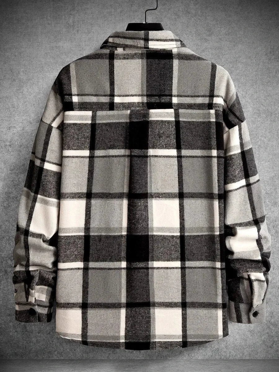 Homme Men Plaid Flap Detail Drop Shoulder Overcoat Without Tee