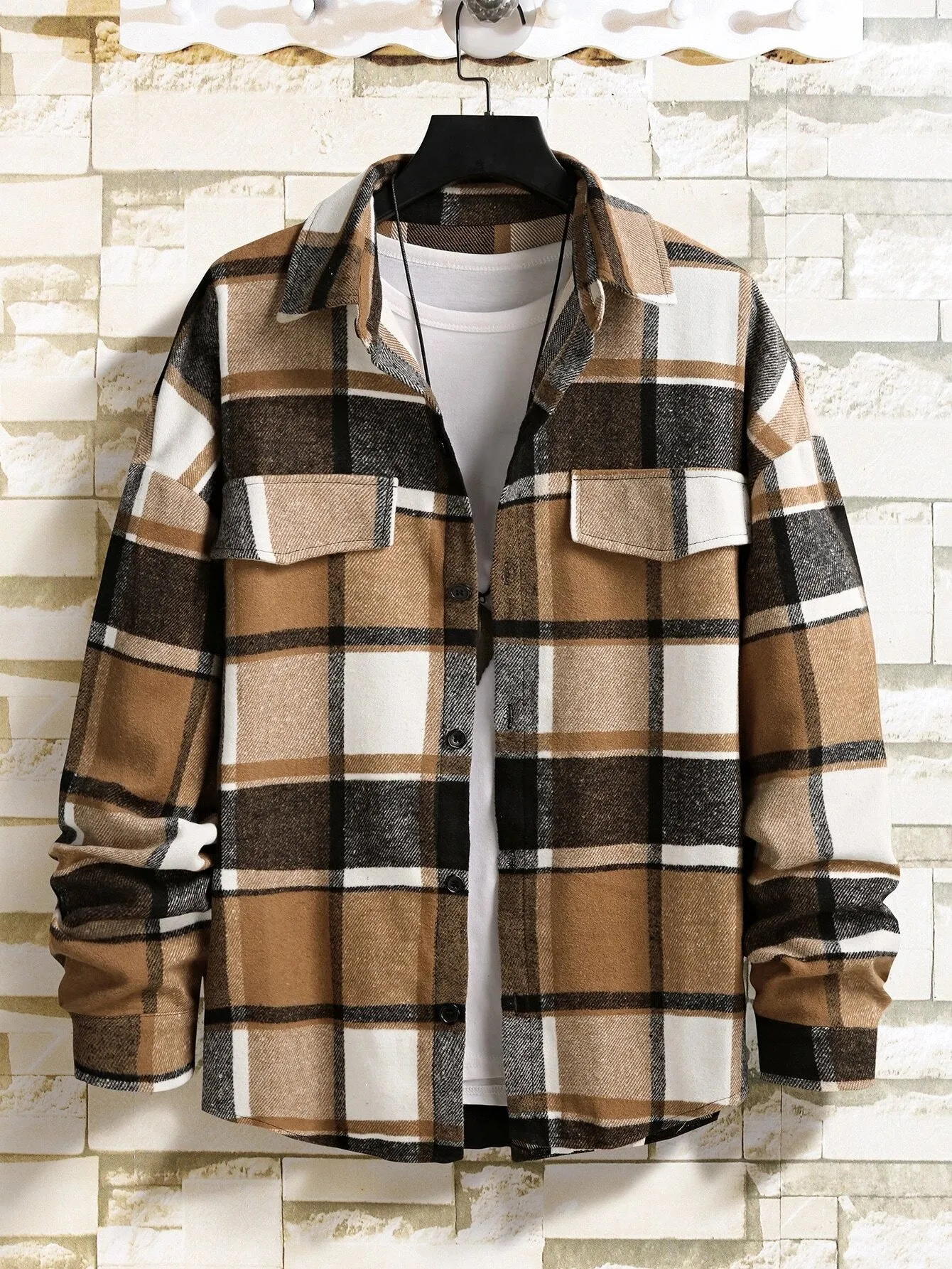 Homme Men Plaid Flap Detail Drop Shoulder Overcoat Without Tee