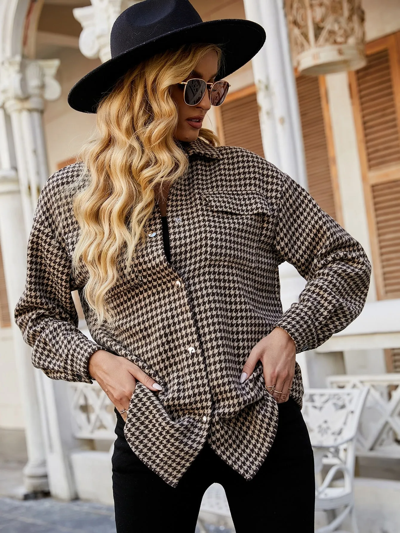 Houndstooth Button Front Long Sleeve Collar Short Women Overcoat