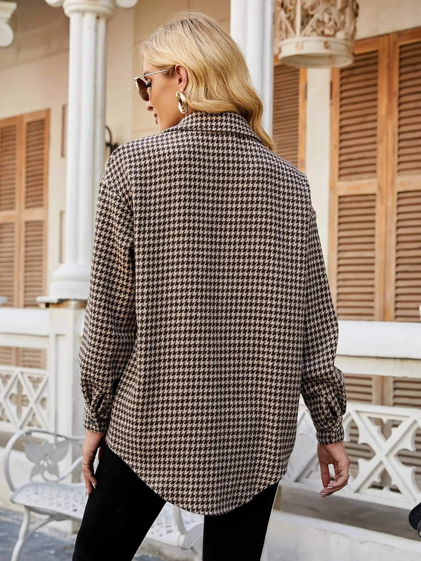 Houndstooth Button Front Long Sleeve Collar Short Women Overcoat