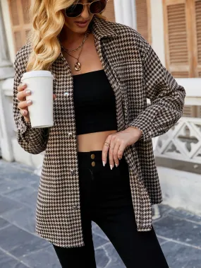 Houndstooth Button Front Long Sleeve Collar Short Women Overcoat