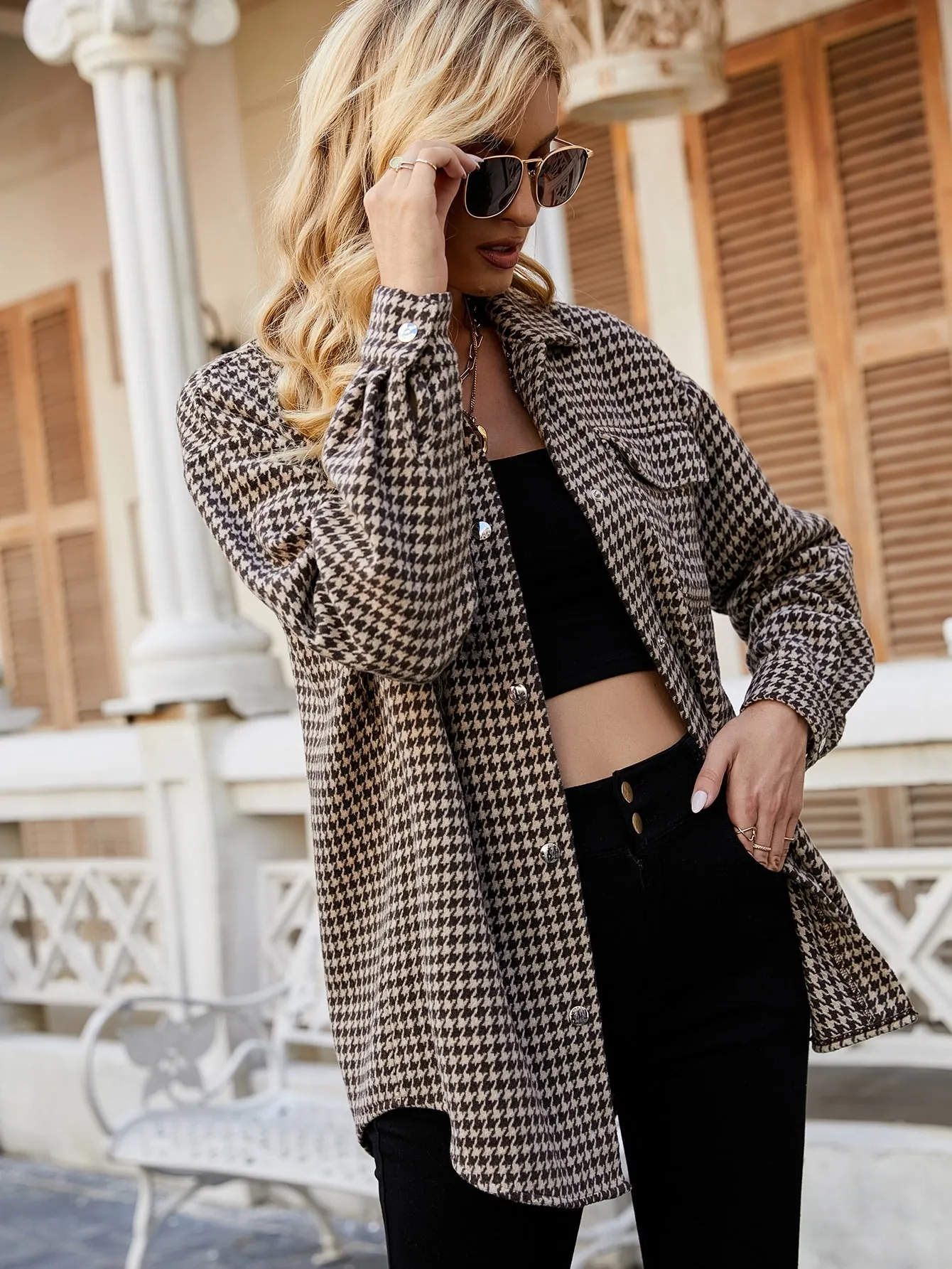 Houndstooth Button Front Long Sleeve Collar Short Women Overcoat