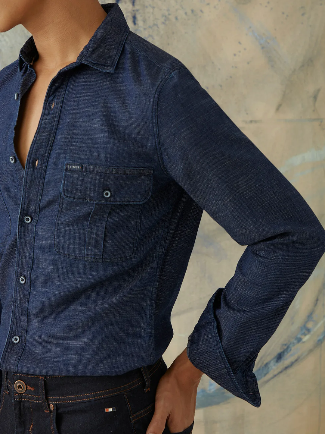 Indigo Double Pocket Plain Denim Shirt