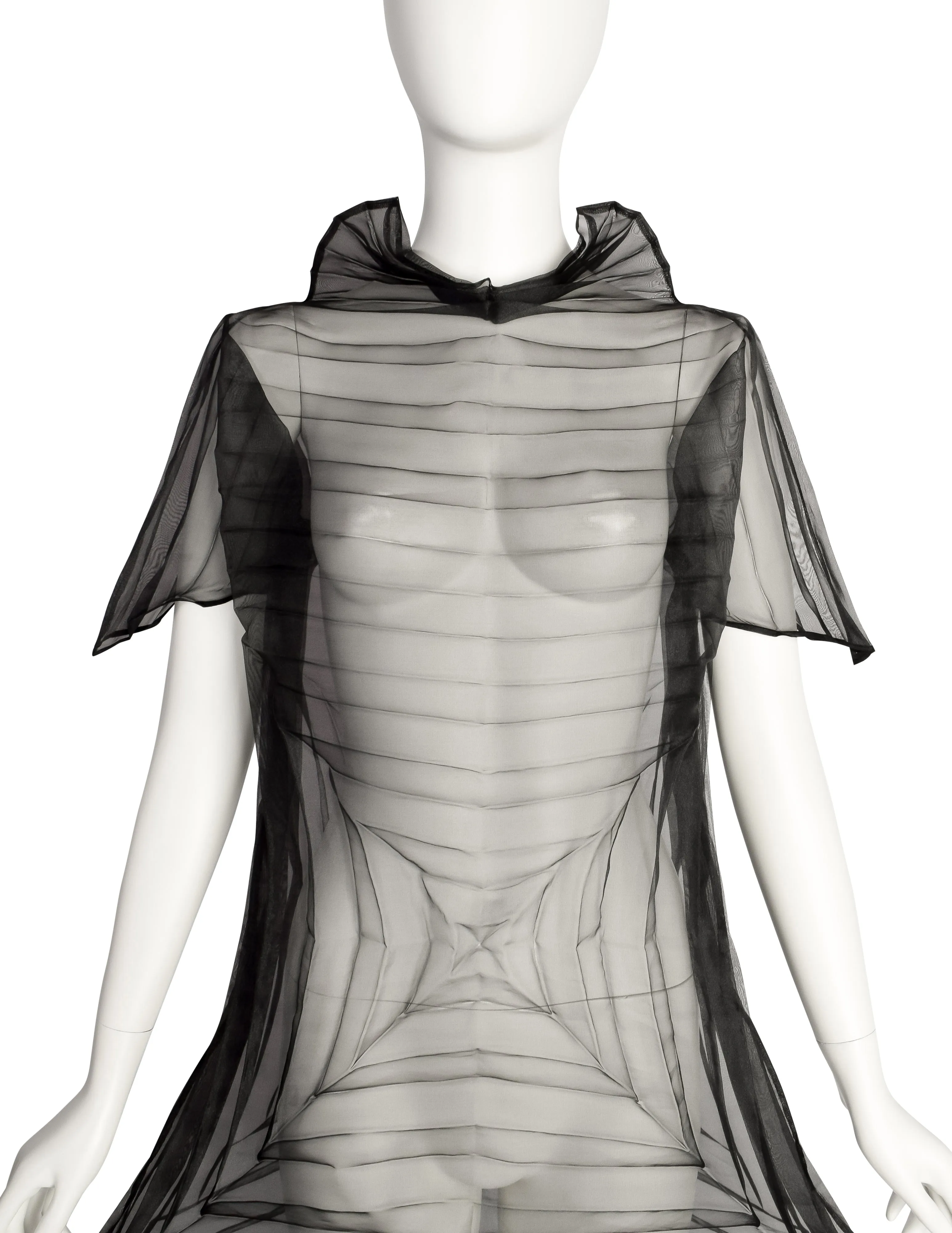 Issey Miyake Vintage Avant Garde Black Sheer Square Pleated Chiffon Origami Dress