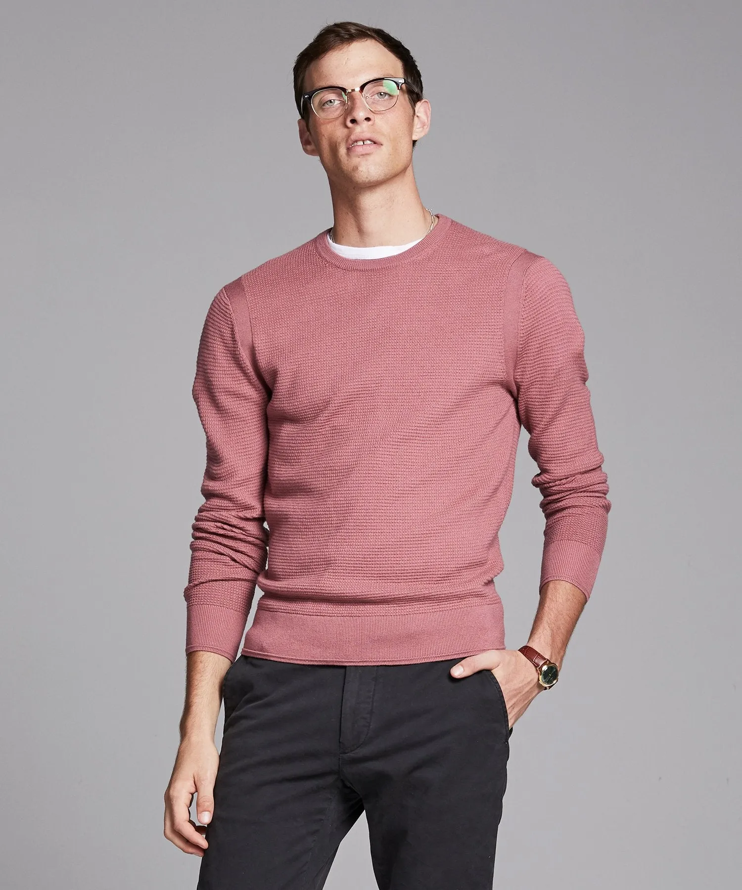 Italian Merino Waffle Crew in Pink