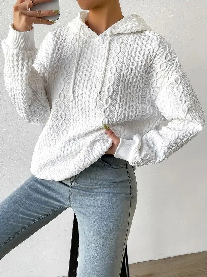 Jacquard hooded lace up long sleeve loose sweatshirt