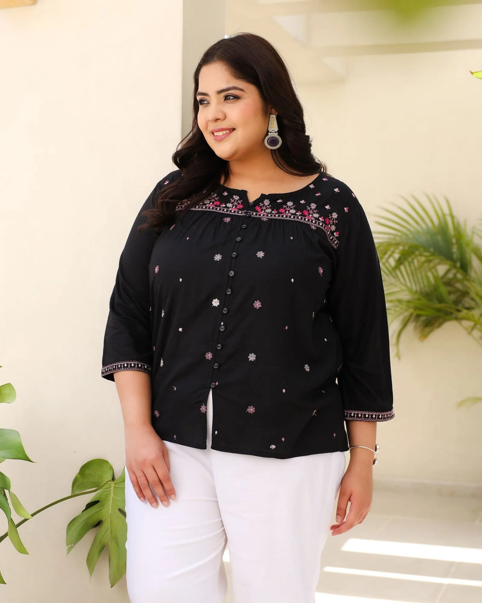 Jashvi Black Gathered Rayon Plus Size Tunic With Thread Embroidery