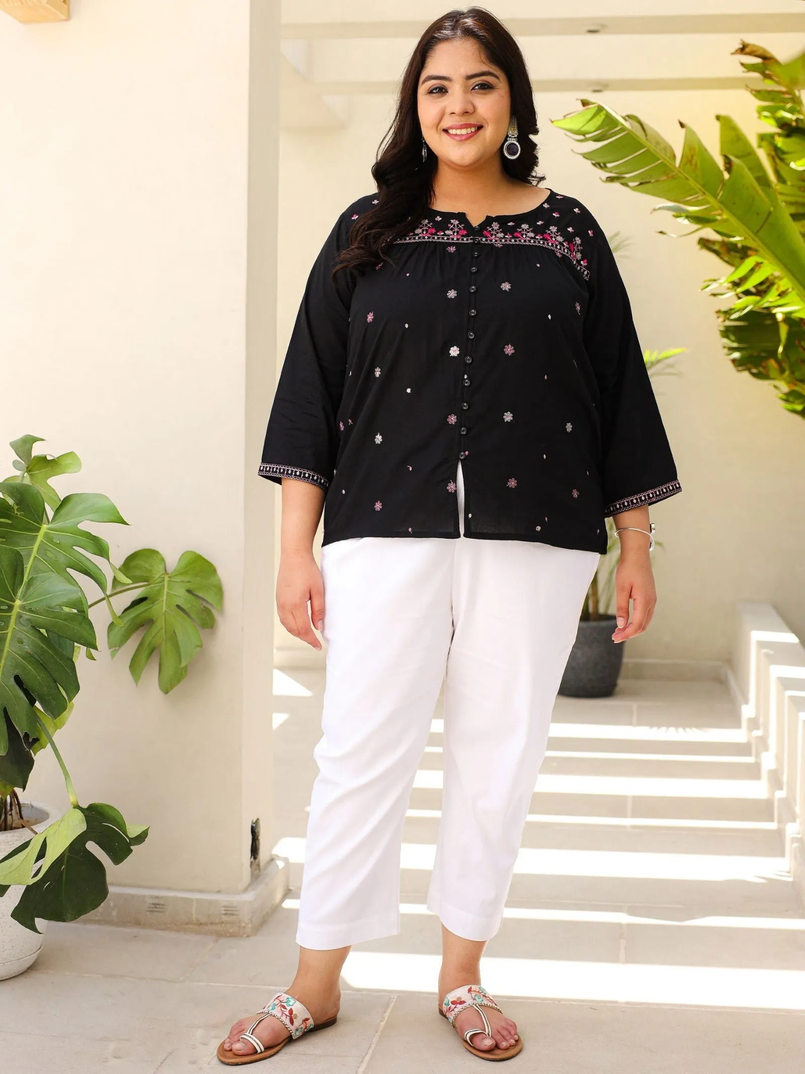 Jashvi Black Gathered Rayon Plus Size Tunic With Thread Embroidery