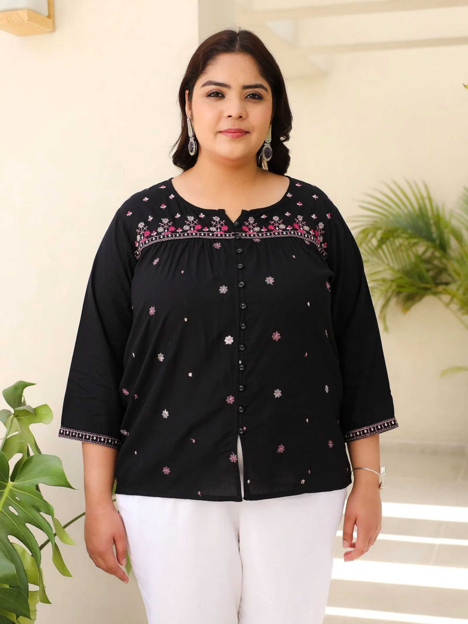 Jashvi Black Gathered Rayon Plus Size Tunic With Thread Embroidery