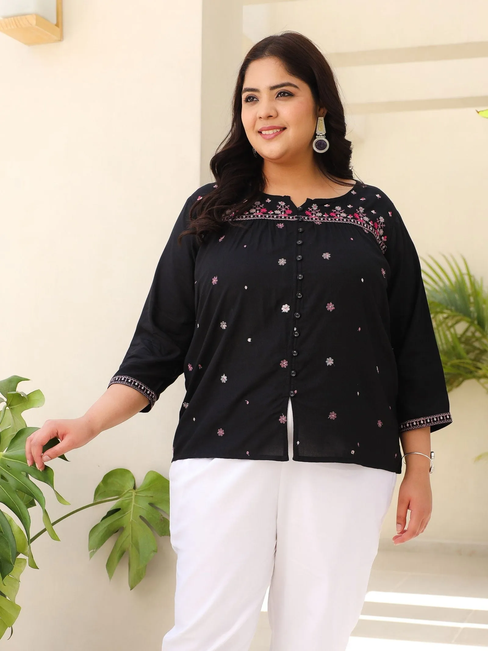 Jashvi Black Gathered Rayon Plus Size Tunic With Thread Embroidery