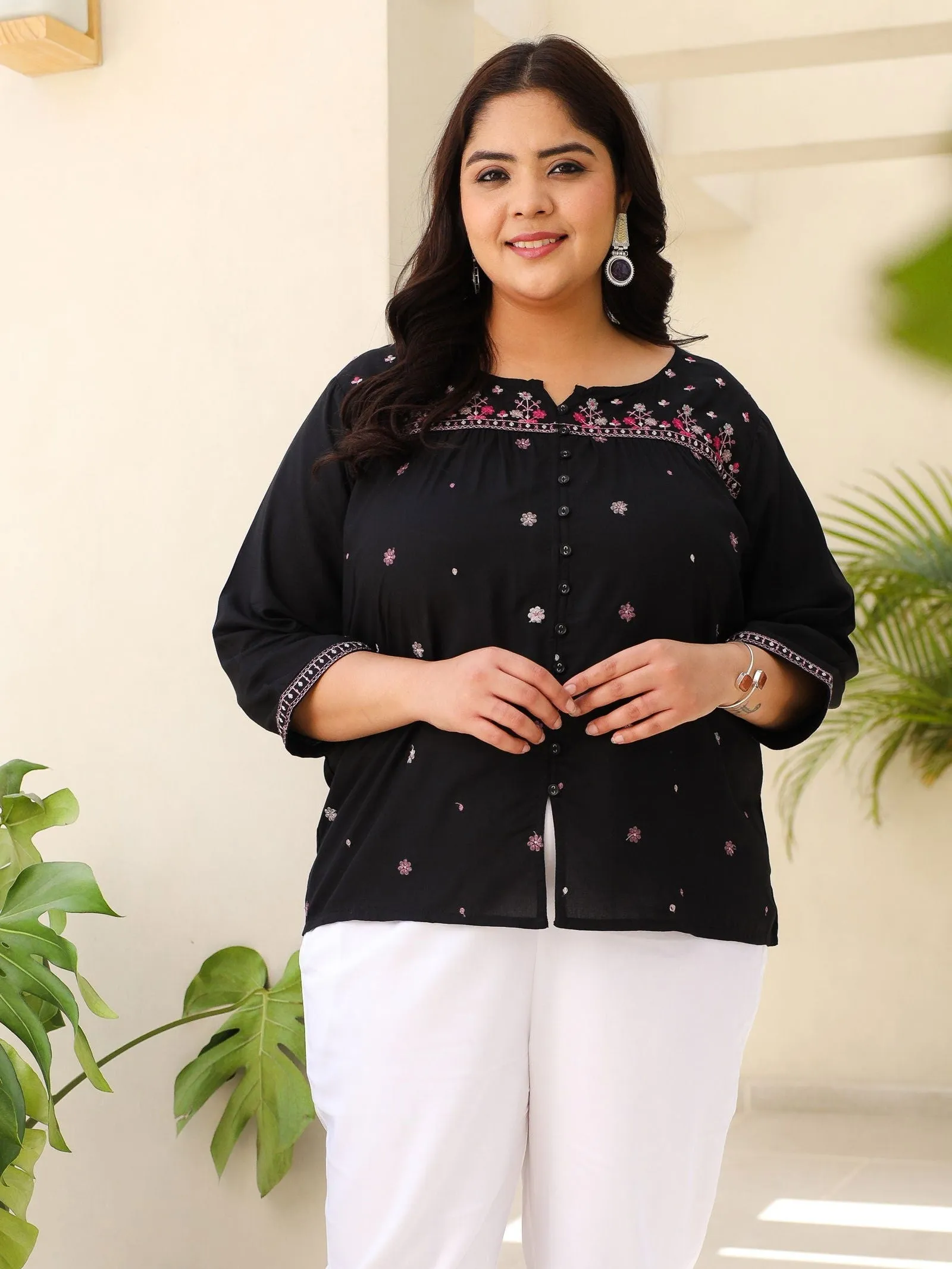 Jashvi Black Gathered Rayon Plus Size Tunic With Thread Embroidery