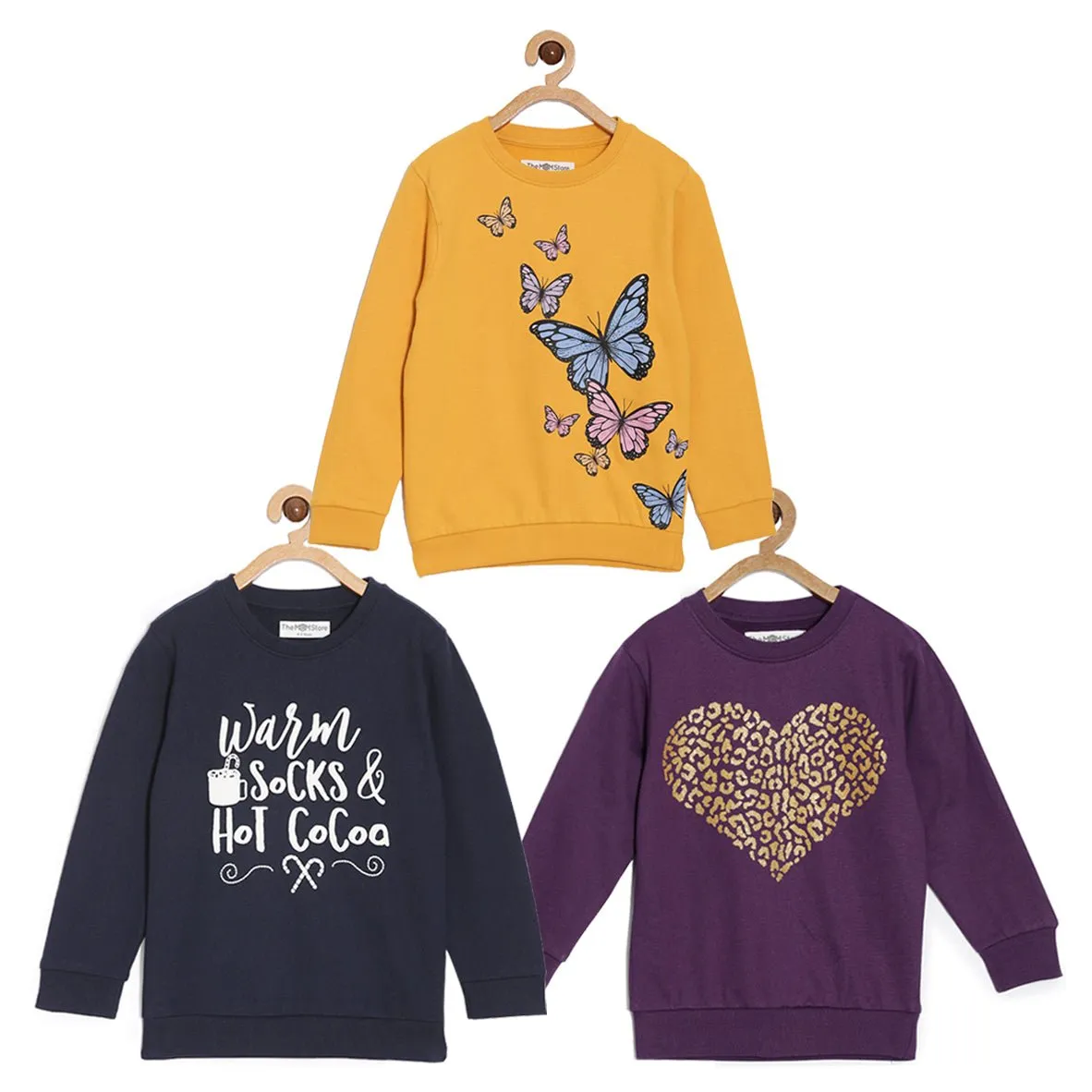 Kids Sweatshirt Combo of 3-Heart Of Gold-Warm Socks And Hot Cocoa-Flutter Your Wings