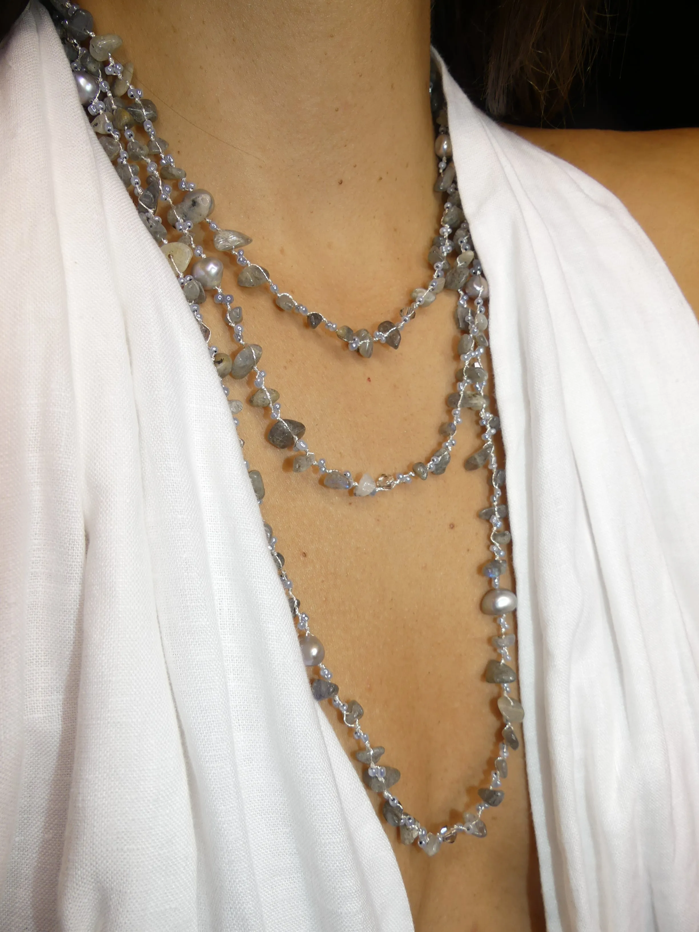 Labradorite and Freshwater Pearl on a Japanese Silk Cord Long Wrap Around Necklace KESLEY