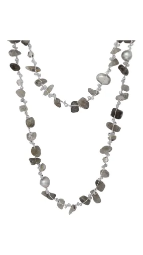 Labradorite and Freshwater Pearl on a Japanese Silk Cord Long Wrap Around Necklace KESLEY