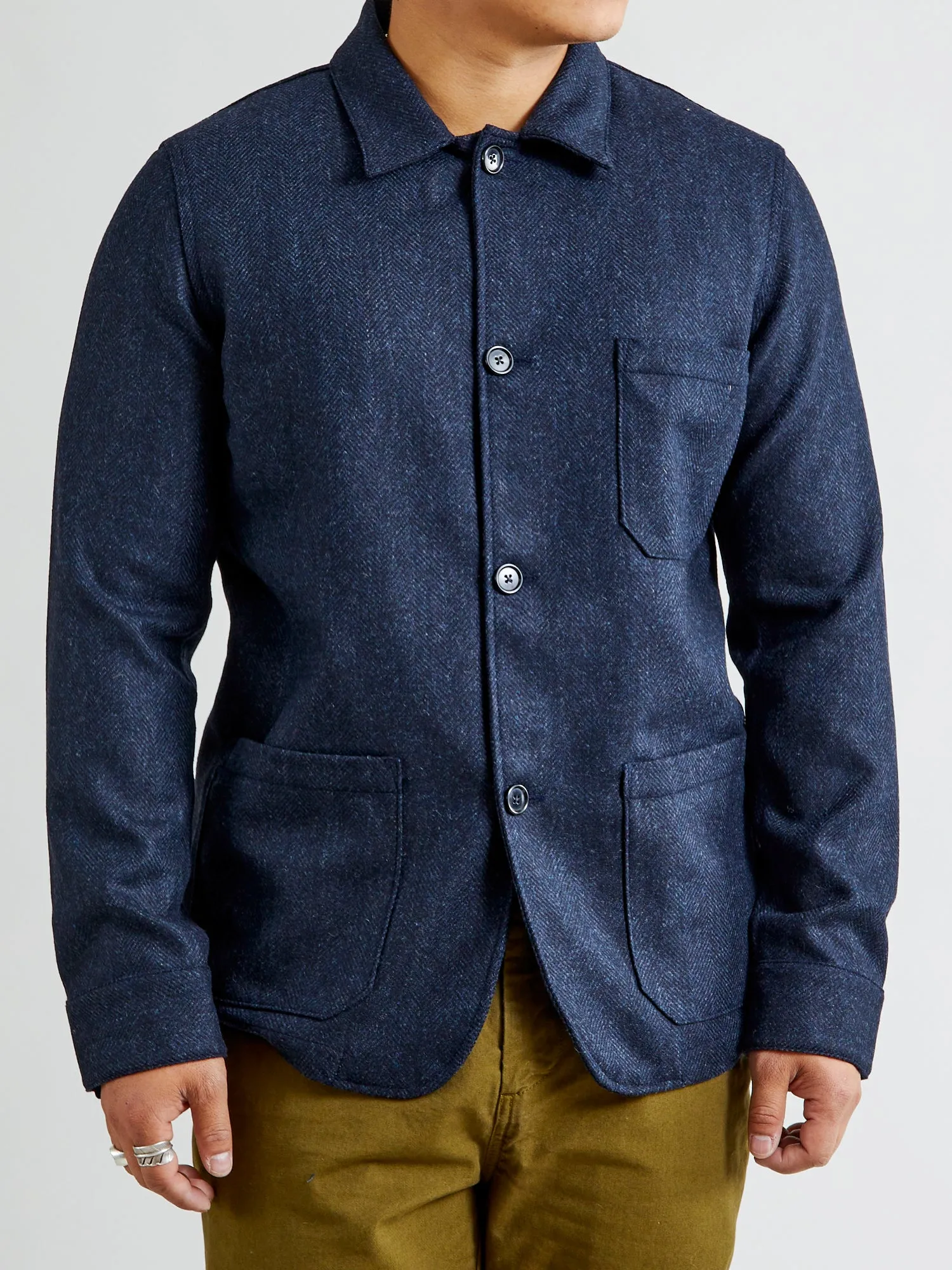 Labura Herringbone Wool Chore Coat in Navy