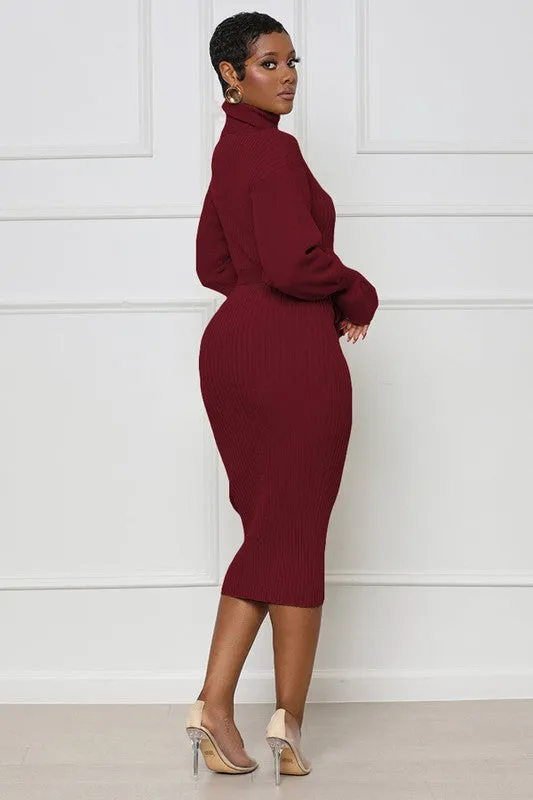 Lisa Long Sleeve Bodycon Turtleneck Midi Burgundy Sweater Dress | Claude