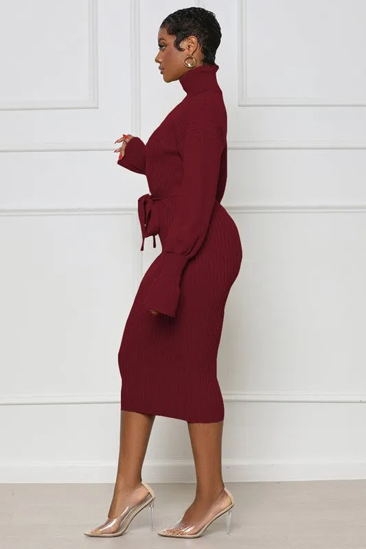 Lisa Long Sleeve Bodycon Turtleneck Midi Burgundy Sweater Dress | Claude