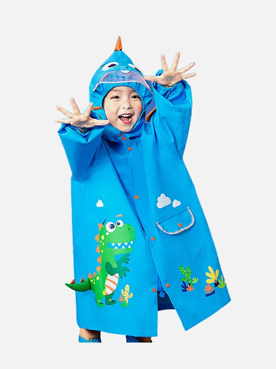 Little Surprise Box 3d Applique Dino Cactus Theme, Knee Length Raincoat for Kids, Bright Blue