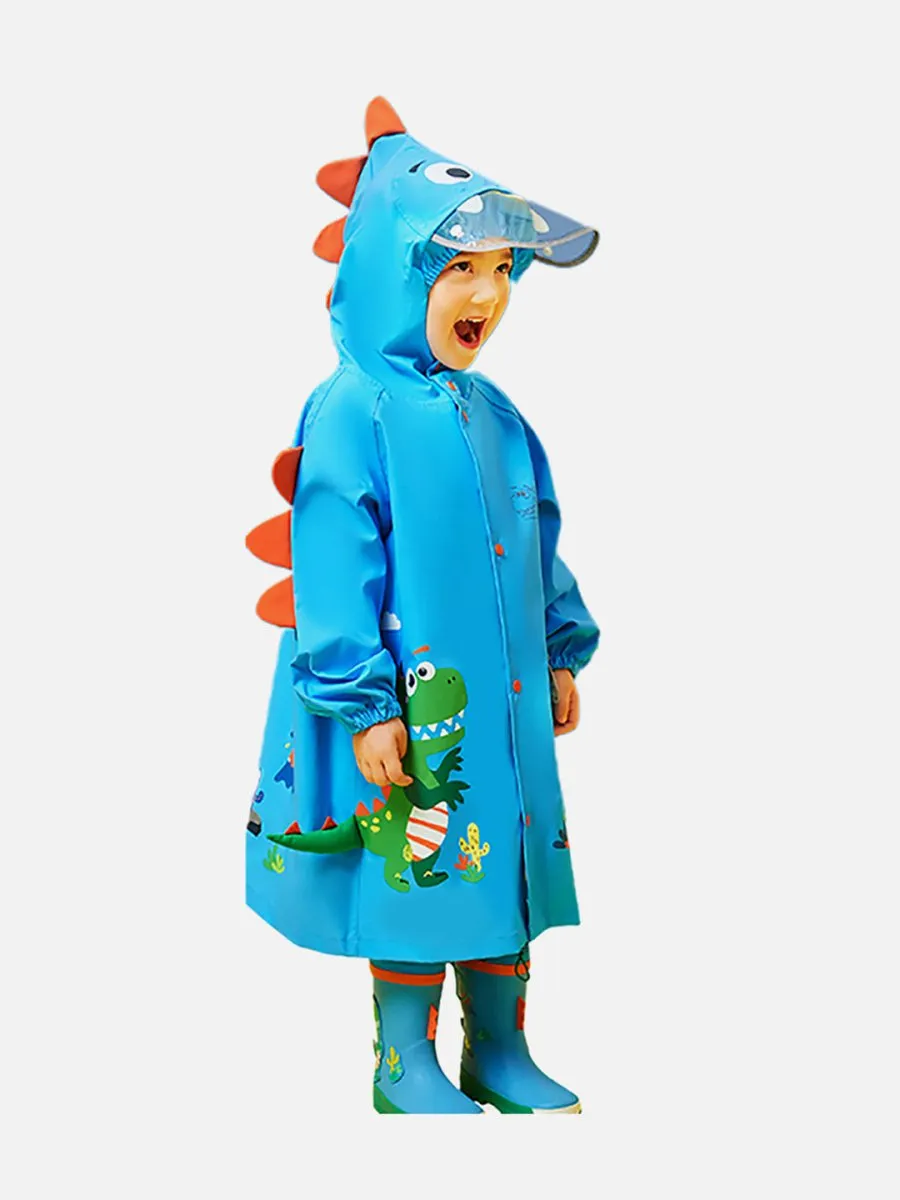 Little Surprise Box 3d Applique Dino Cactus Theme, Knee Length Raincoat for Kids, Bright Blue