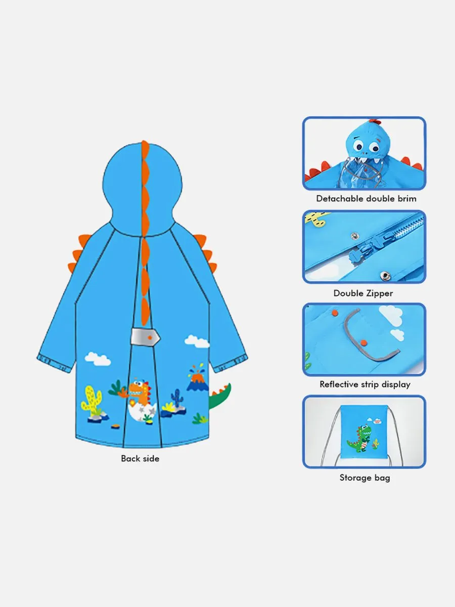 Little Surprise Box 3d Applique Dino Cactus Theme, Knee Length Raincoat for Kids, Bright Blue