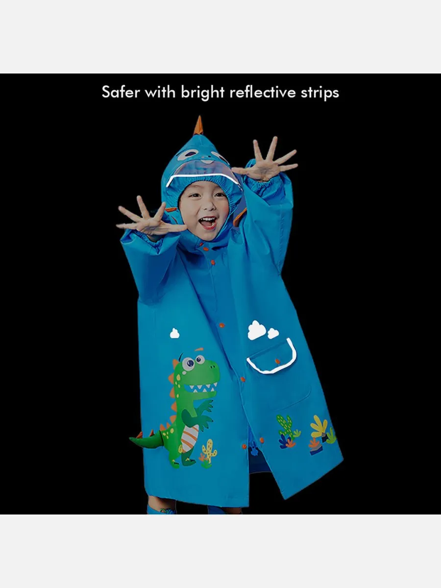 Little Surprise Box 3d Applique Dino Cactus Theme, Knee Length Raincoat for Kids, Bright Blue