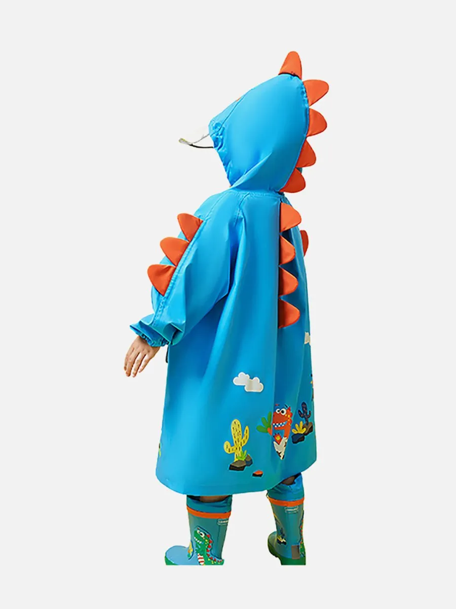 Little Surprise Box 3d Applique Dino Cactus Theme, Knee Length Raincoat for Kids, Bright Blue