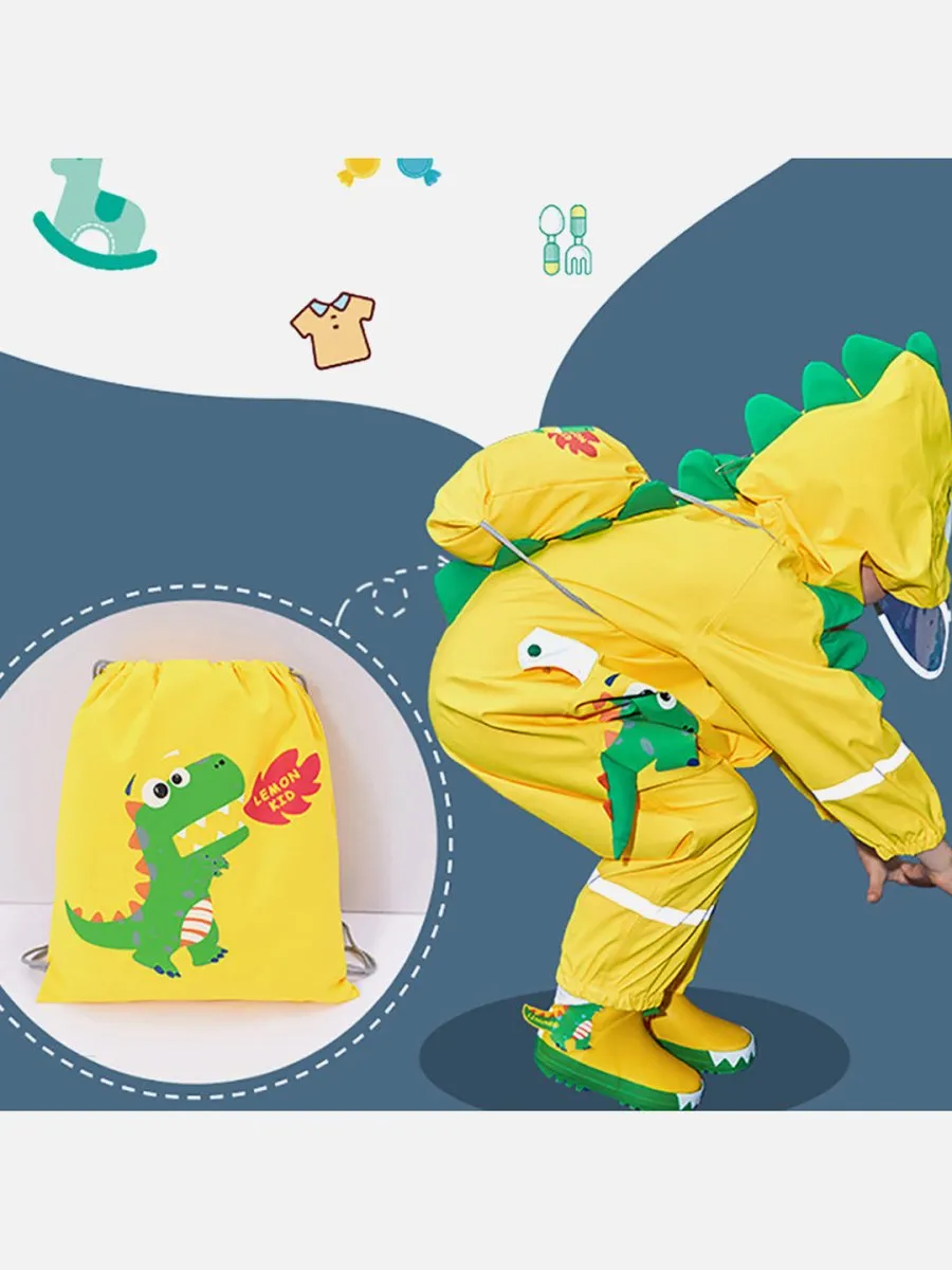 Little Surprise Box Bright Yellow 3D Dino Theme All Over Jumpsuit / Playsuit Raincoat for Kids