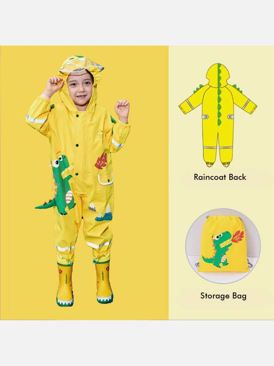 Little Surprise Box Bright Yellow 3D Dino Theme All Over Jumpsuit / Playsuit Raincoat for Kids